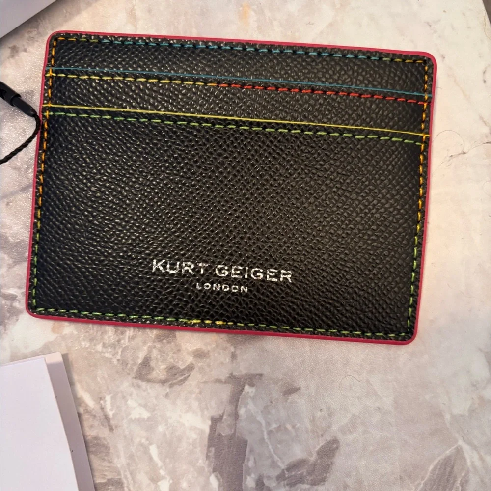 Black Leather Kurt Geiger Card Holder with Multicolor Stitching
